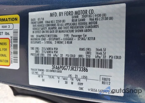 2018 Ford Fusion S z USA, uszkodzony, nr VIN 3FA6P0G77JR273386